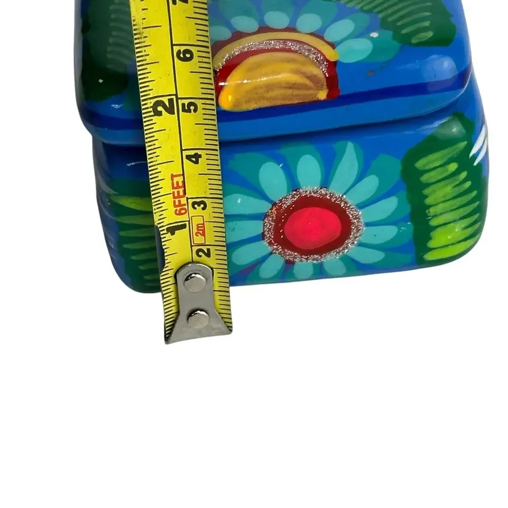 Hand Painted MEXICAN FOLK ART Blue Bird Terra Cotta Trinket Box